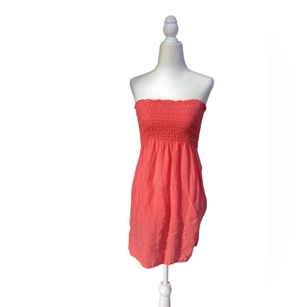 Juicy Couture Linen Y2K strapless ruched dress bright coral pink